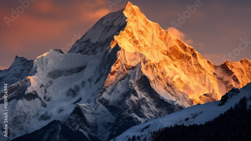 A snow-covered peak bathed in the golden light of the setting sun, AI Generative. © Miry Haval