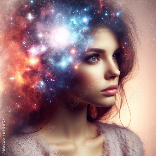 portrait of a young woman head with galaxy 