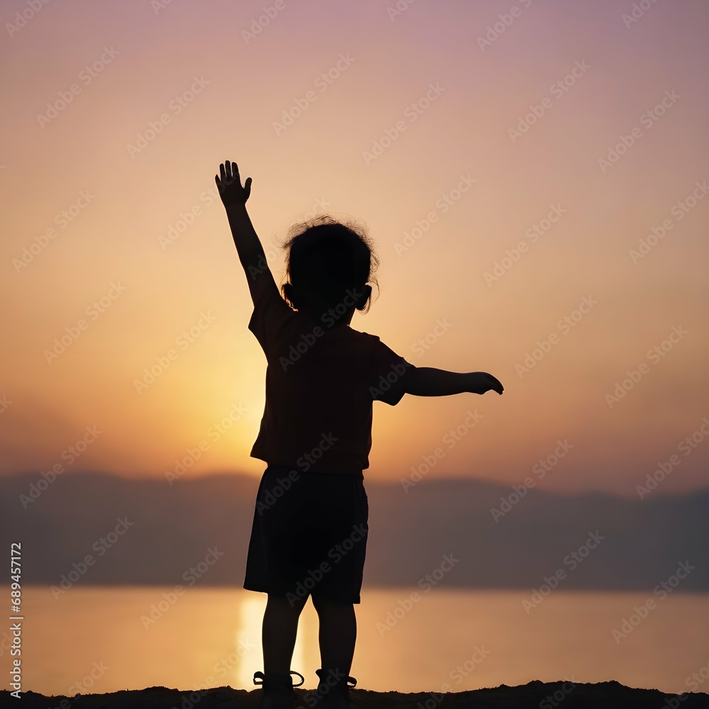 Silhouette shot of a child standing against a bright background, with their hand raised
