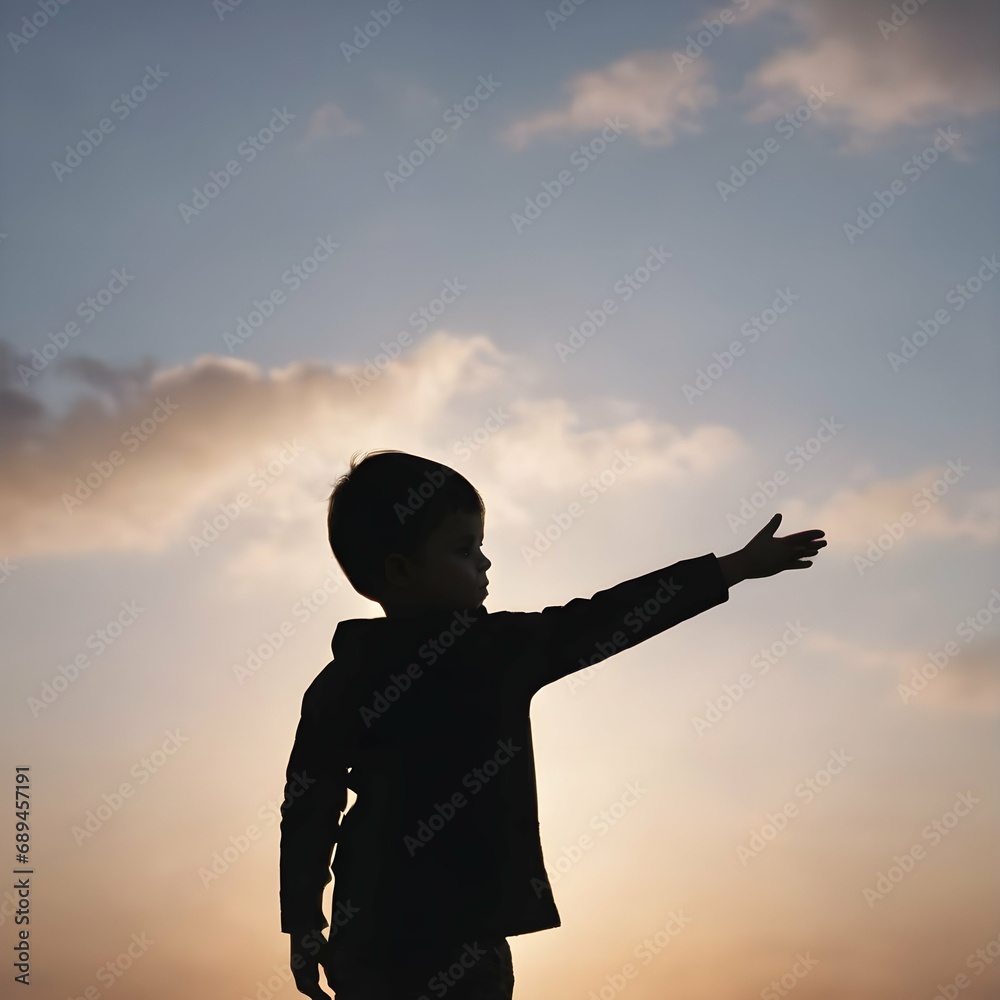 Silhouette shot of a child standing against a bright background, with their hand raised