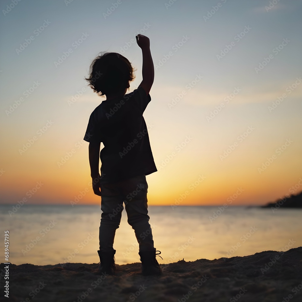 Fototapeta premium Silhouette shot of a child standing against a bright background, with their hand raised