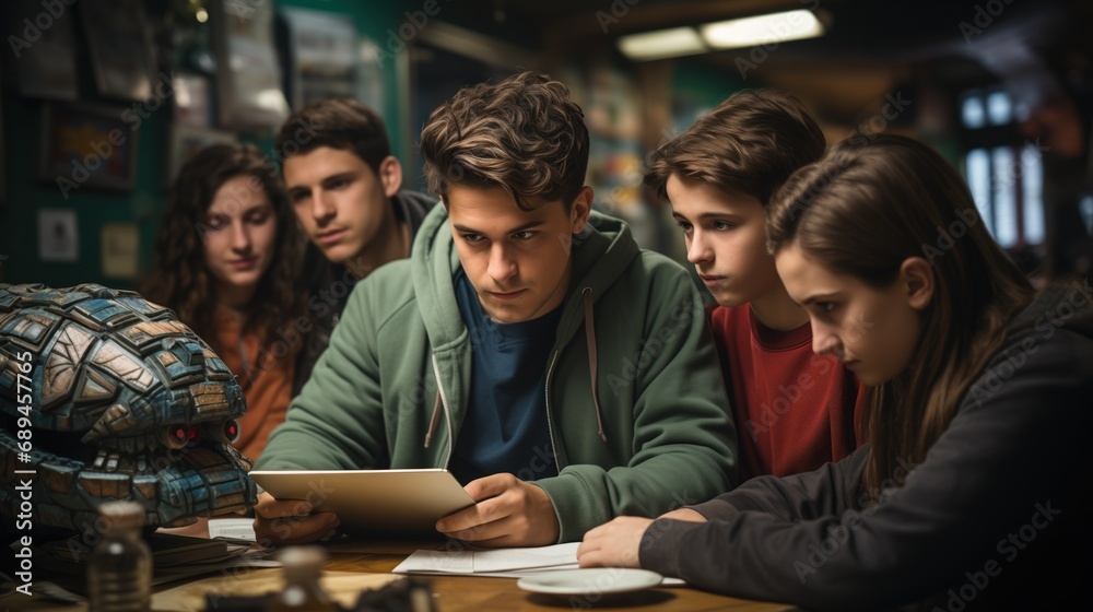 Fototapeta premium A group of teenagers is huddled around a tablet, with a robotic turtle sculpture in the foreground, in a focused group learning session, alien or electronic robot, 