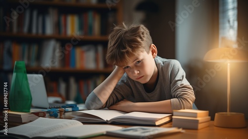 A young boy leans on his arm, looking bored or tired with schoolwork spread out on a desk in a warmly lit study area. photo