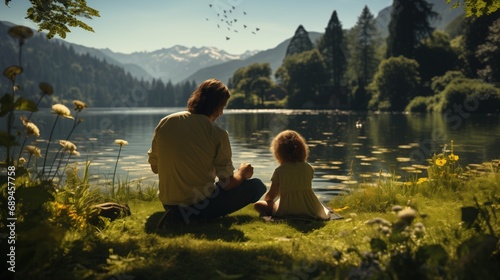 A father and daughter sit peacefully by a calm lake, surrounded by lush greenery and mountains, sharing a tranquil moment in nature.