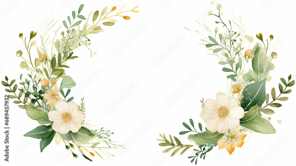 watercolor floral illustration foliage bouquet composition arrangement wreath greenery herbs round frame geometric natural gold white flowers
