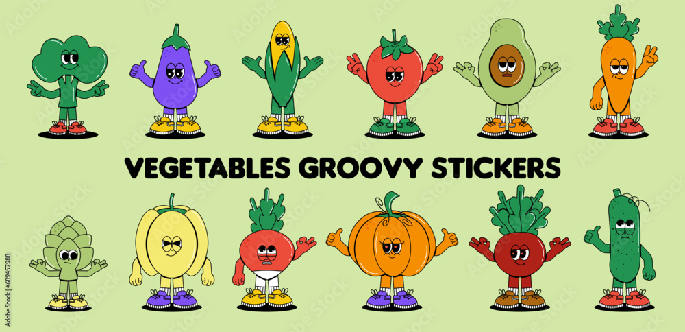 Obraz premium Retro groovy cartoon characters vegetables labels. Vintage funny mascot Tomato, carrot and more stickers with psychedelic smile and emotion. Cute comic vector illustration