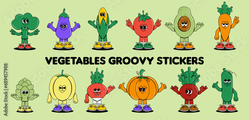 Retro groovy cartoon characters vegetables labels. Vintage funny mascot Tomato, carrot and more stickers with psychedelic smile and emotion. Cute comic vector illustration