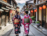 日本の古い街並みを着物を着て歩く外国人観光客