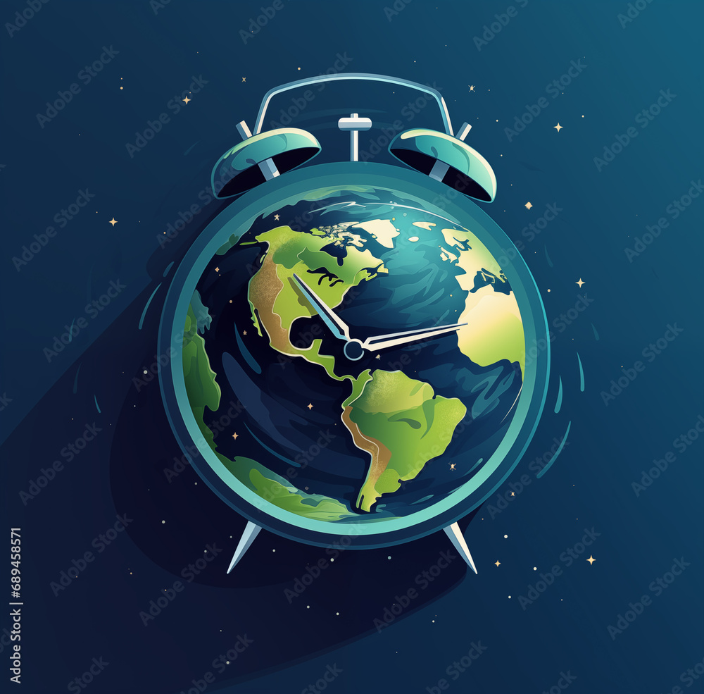 Alarm clock with world globe inside it. Earth Hour, energy conservation, sustainability concept. Alarm clock with world globe inside it. Earth Hour, energy conservation, sustainability concept.