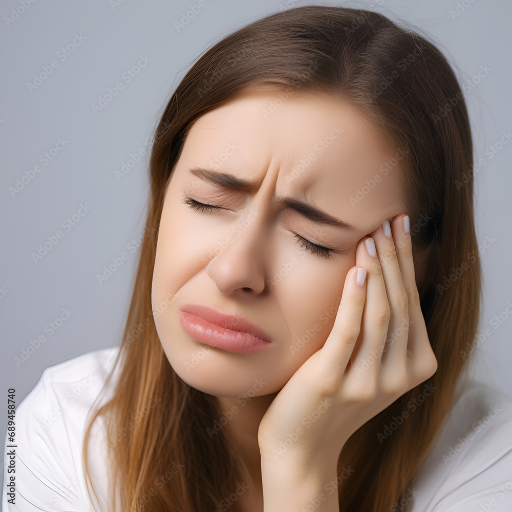 Close up , a young girl, supporting her forehead, looks very distressed. She is experiencing the pain of a headache. Close up , a young girl, supporting her forehead, looks very distressed. She is experiencing the pain of a headache.