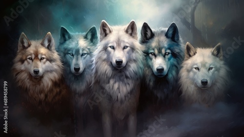 majestic wolf pack embracing the spirit of the wilderness in isolated black smoke - mystical wildlife concept photo