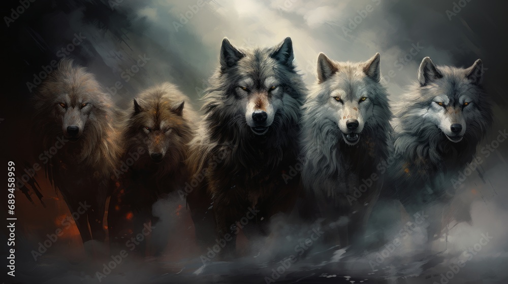 majestic wolf pack embracing the spirit of the wilderness in isolated black smoke - mystical wildlife concept - obrazy, fototapety, plakaty 