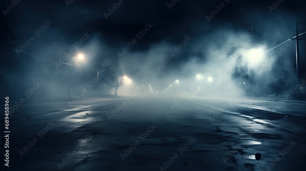an eerily quiet street at night, with fog rolling in, lit by sparse streetlights that create a dramatic play of light and shadow on the damp asphalt. an eerily quiet street at night, with fog rolling in, lit by sparse streetlights that create a dramatic play of light and shadow on the damp asphalt.