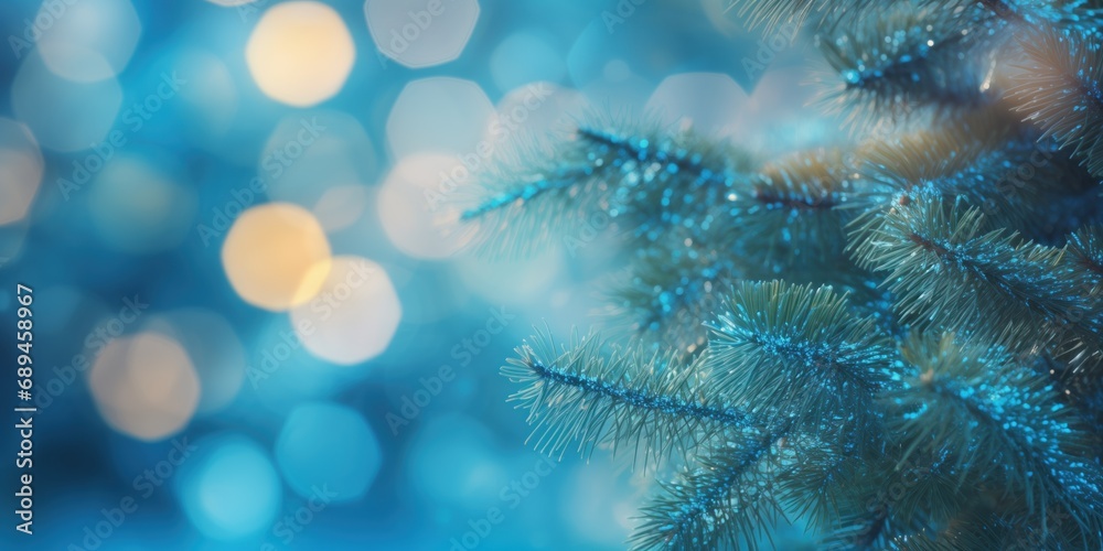 A festive, close-up view of a pine branch richly covered with glittering tinsel and delicate Christmas lights, creating a bokeh effect against the blurred blue background.