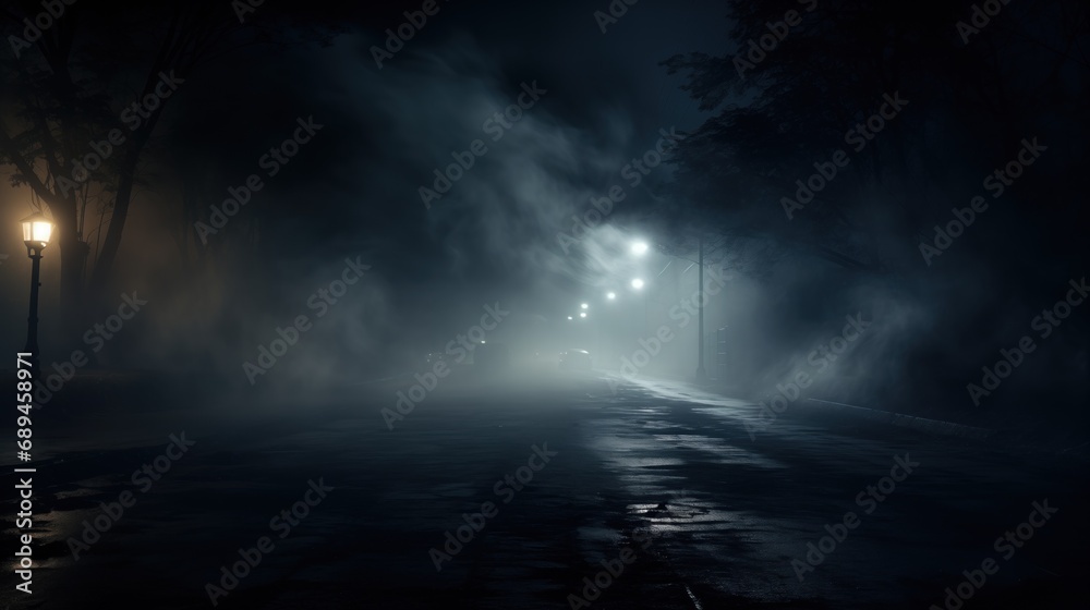 A moody night scene with a vintage street lamp glowing softly amidst swirling fog, with a row of streetlights vanishing into the misty darkness.