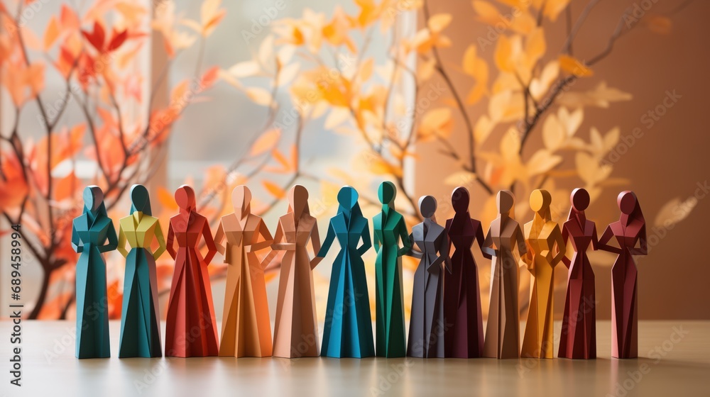 A row of colorful paper figures representing diversity and unity stands in a line with a backdrop of autumnal trees with leaves in warm orange tones.