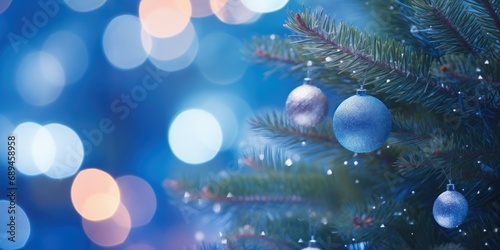  Christmas tree branches decorated with frosty blue and white baubles against a bokeh background with warm and cold lights  embodying the essence of the holiday season.