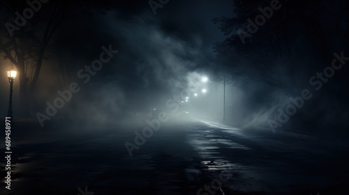 A moody night scene with a vintage street lamp glowing softly amidst swirling fog, with a row of streetlights vanishing into the misty darkness.