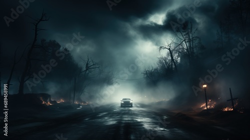 an intense moment on a road flanked by trees, illuminated by a car\'s headlights and a surreal mist, with fires smoldering in the distance under a stormy sky.