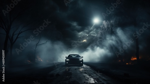 A dramatic nighttime scene shows a car's headlights piercing through the mist on a forest road, with a mysterious glow and embers suggesting a wildfire nearby.