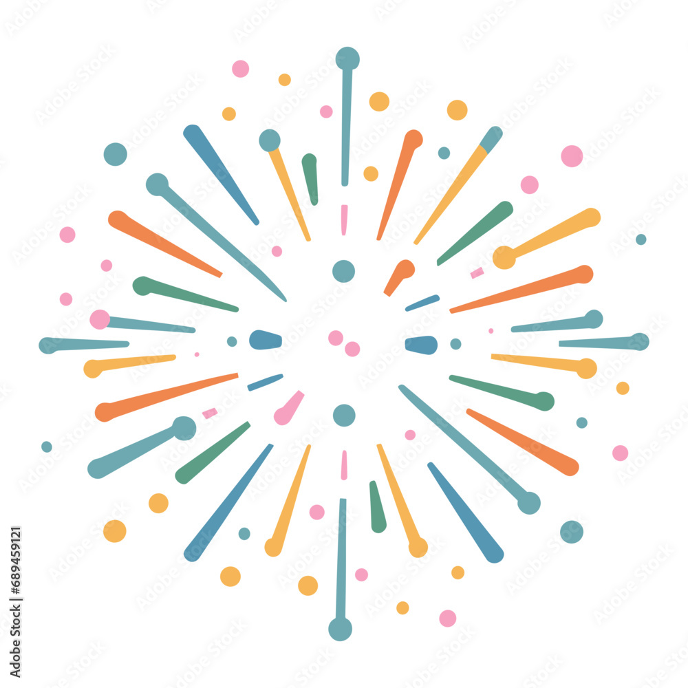 Decorative colorful bursting fireworks isolated. minimal style. New Year's Eve fireworks. Festive sparks and explosions. Vector illustration. - obrazy, fototapety, plakaty 
