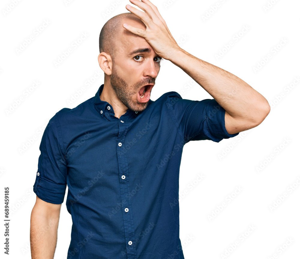 Young hispanic man wearing casual clothes surprised with hand on head for mistake, remember error. forgot, bad memory concept. Young hispanic man wearing casual clothes surprised with hand on head for mistake, remember error. forgot, bad memory concept.