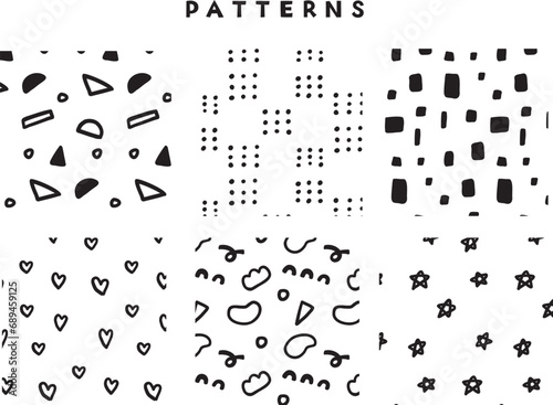 モノクロのシンプルな手描きパターンセット