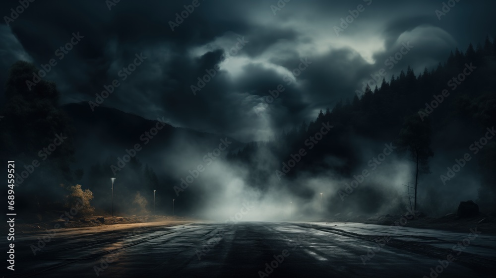 A dark and moody road surrounded by misty forests under stormy clouds, the scene illuminated by sporadic street lights, creating a mysterious and dramatic atmosphere. - obrazy, fototapety, plakaty 