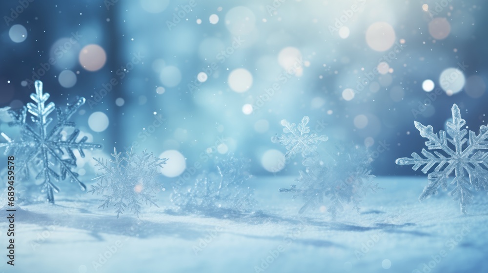 Crystal snowflakes rest on a snowy surface, glowing under the soft blue light of a winter dusk, with twinkling bokeh creating a feeling of enchantment. Crystal snowflakes rest on a snowy surface, glowing under the soft blue light of a winter dusk, with twinkling bokeh creating a feeling of enchantment.