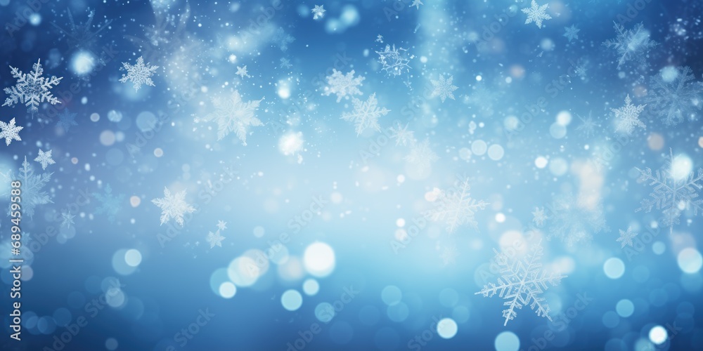 Snowflakes of intricate designs cascade against a cool blue backdrop, with light bokeh creating a sparkling effect reminiscent of a snowy night.