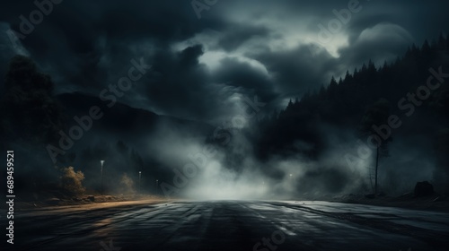 A dark and moody road surrounded by misty forests under stormy clouds, the scene illuminated by sporadic street lights, creating a mysterious and dramatic atmosphere. photo