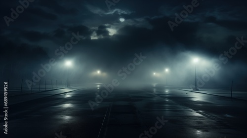 An empty parking lot, or street, bathed in fog under a night sky, the eerie quiet pierced only by the bright beams of street lamps and a faint moon peeking through the clouds. © DigitalArt