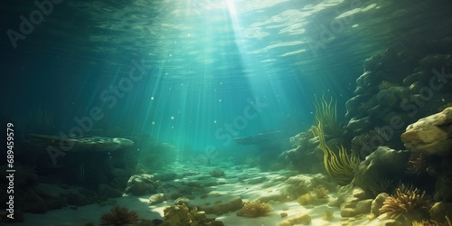 A serene underwater view where sunlight filters through the water, casting a peaceful glow over the sea floor and its diverse array of marine plants. © DigitalArt