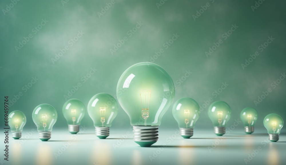 Glowing Idea Concept with Green Light Bulbs in a Row Glowing Idea Concept with Green Light Bulbs in a Row