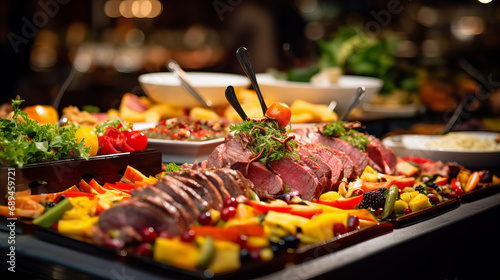 A plate of food with meat and vegetables, catering photo
