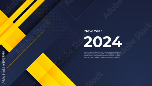 Blue and yellow vector happy new year 2024 banner with trendy style