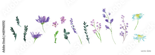 水彩画。水彩タッチの青色の花イラスト。花束のベクターイラストセット。バラとコスモスのセット。Watercolor painting. Blue flowers illustration with watercolor touch. Vector illustration set of bouquet. Set of roses and cosmos.