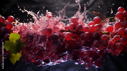 Fresh juicy Red grape fruit with water splash isolated on background healthy fruit nature wine celebration Bunches of grapes in water splash over full frame of a fast speed food.AI Generative 