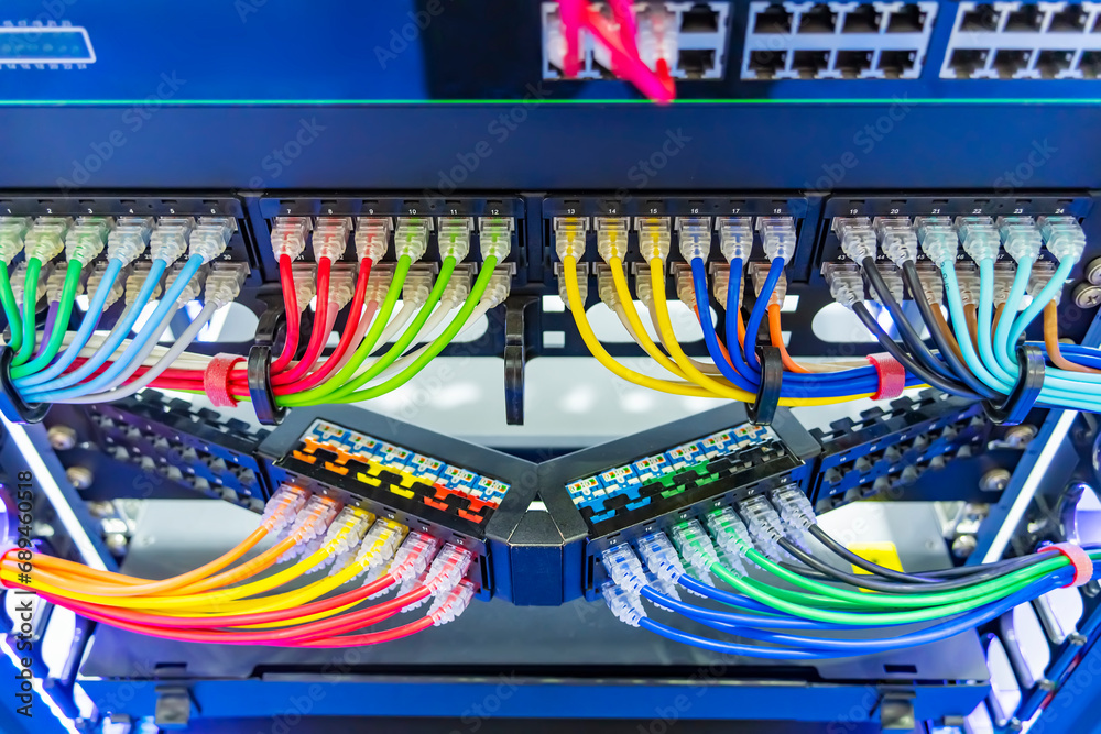 Network panel, switch and colorful cable in data center - obrazy, fototapety, plakaty 