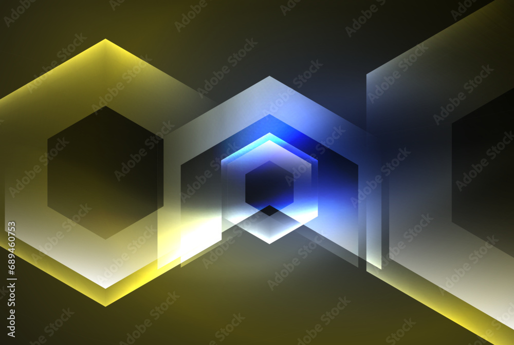 Fototapeta premium Arrow hexagon neon light glowing shapes background. Vector illustration For Wallpaper, Banner, Background, Card, Book Illustration, landing page