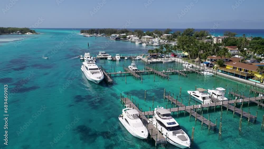 A 4K drone shot of the Bimini Blue Water Marina, in North Bimini, a