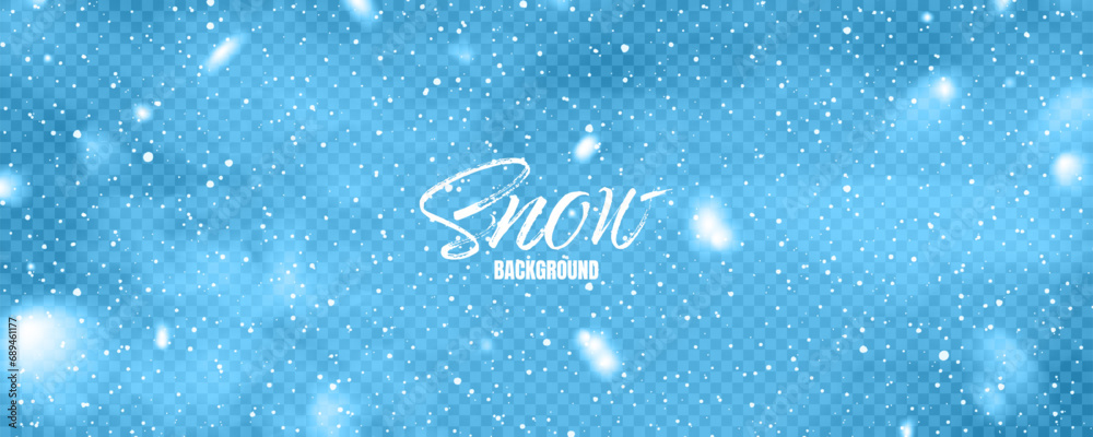 Realistic falling snow with snowflakes. Colorful winter background for Christmas or New Year card. Frost storm effect. Vector illustration