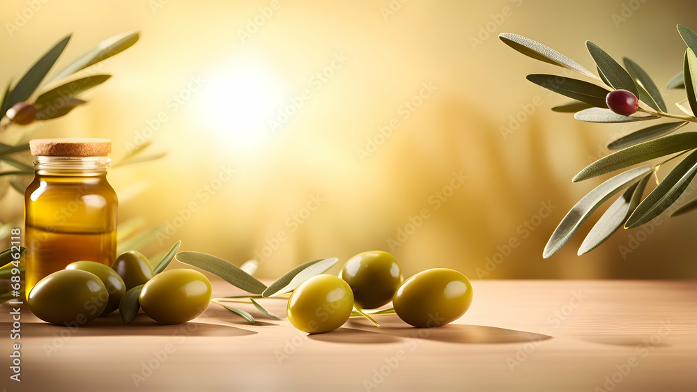 Naklejka premium Olive oil and olives on a wooden table with copy space