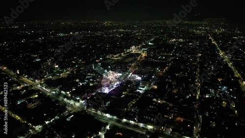 drone shot of diverse color fireworks demonstration at mexico city during independence day at nightn nat alcaldia cuauhtemoc photo
