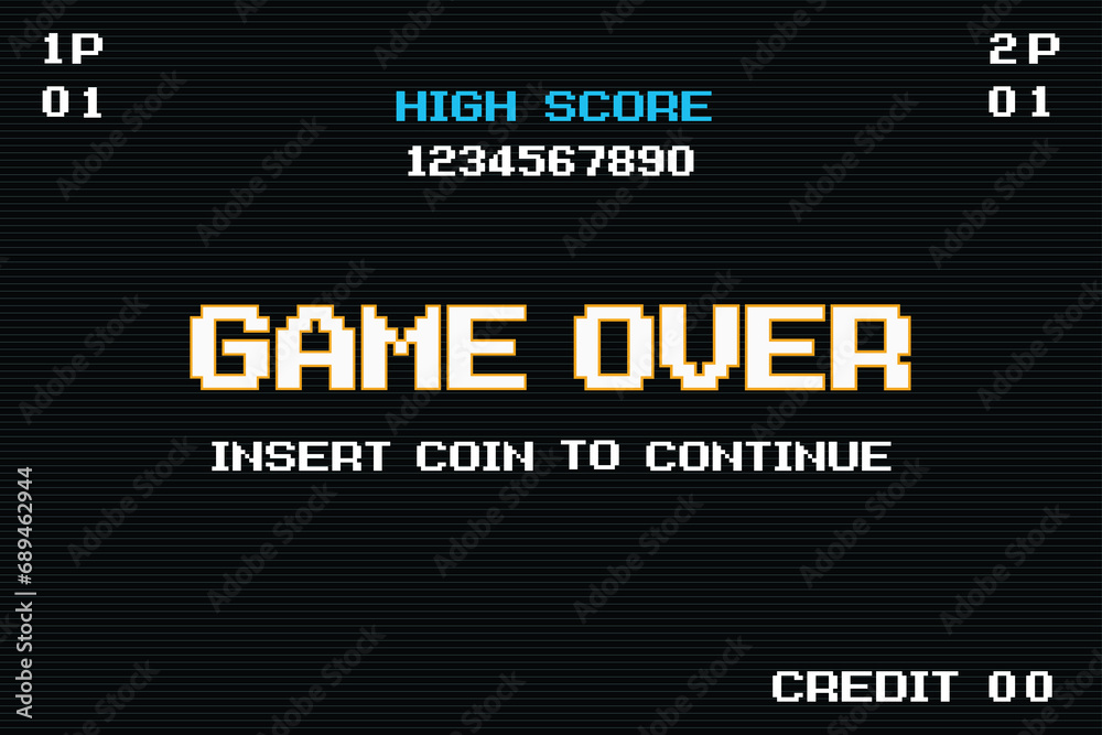 GAME OVER INSERT A COIN TO CONTINUE .pixel art .8 bit game. retro game. for game assets in vector illustrations. GAME OVER INSERT A COIN TO CONTINUE .pixel art .8 bit game. retro game. for game assets in vector illustrations.