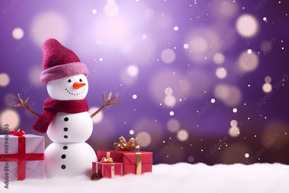 Merry Christmas banner with blank space for text, purple background, Snowman, gift boxes, red and green ornaments, fir tree branches, snow falling. Ai Generated.NO.05