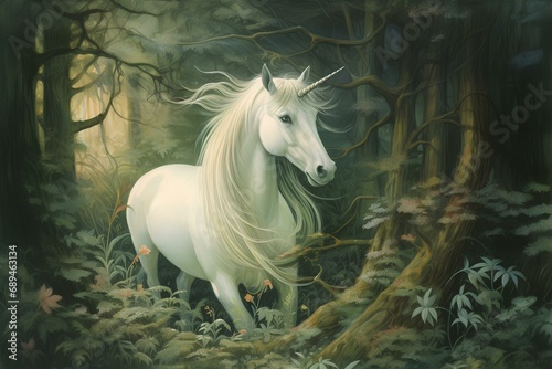old illustration of a unicorn in the dark green forest. generative AI