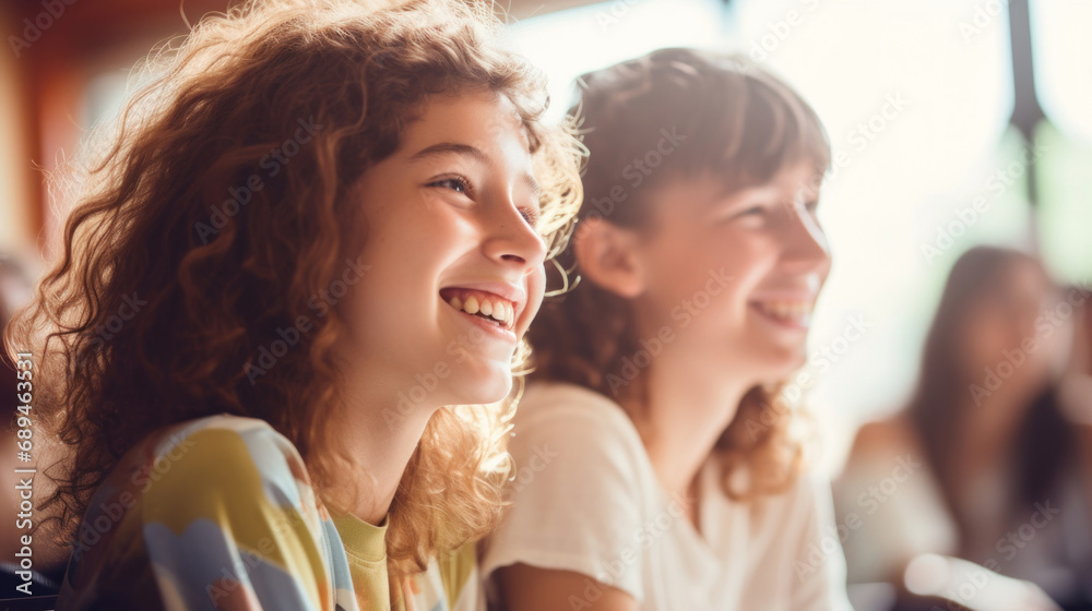 Portrait of smiling students looking at camera while sitting in lecture hall