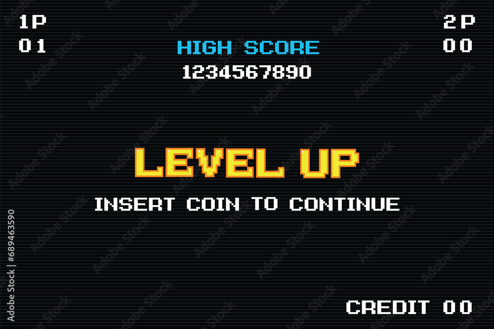 LEVEL UP INSERT A COIN TO CONTINUE .pixel art .8 bit game. retro game. for game assets in vector illustrations. LEVEL UP INSERT A COIN TO CONTINUE .pixel art .8 bit game. retro game. for game assets in vector illustrations.