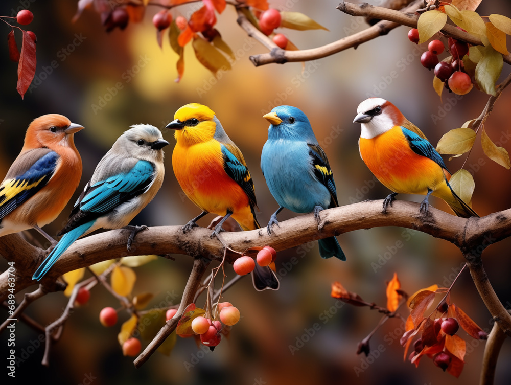 a vibrant and diverse aviary with a variety of colorful birds perched on branches
